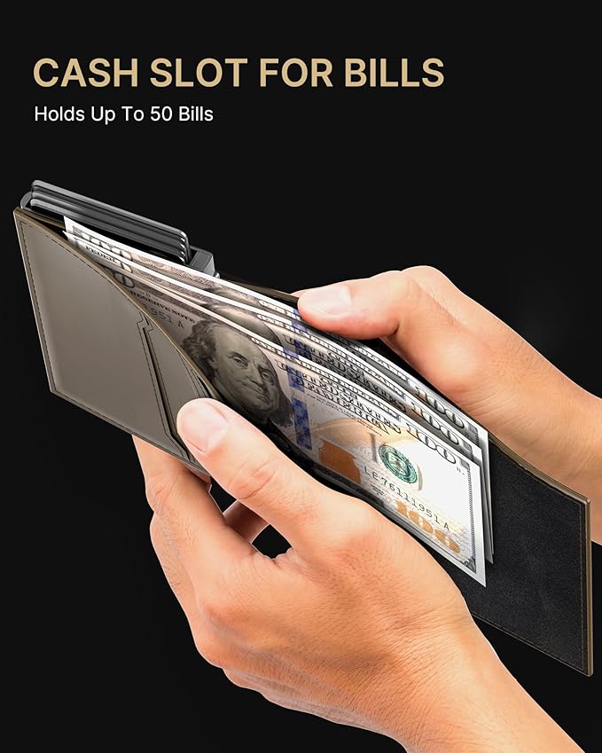 typecase Mens Wallet Card Holder: Pop Up Aluminum Case, Carbon Fiber Leather, Smart, RFID Blocking, Slim, Minimalist, Front Pocket - 9-14 Card Capacity | ID Window | Cash Slot (Map)