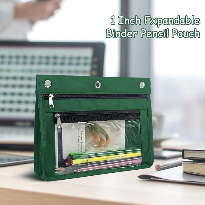 YoeeJob 1 Pack Pencil Pouch for 3 Ring Binder, Expandable Binder Pouches with Zipper, Large Capacity Pen Holder Case with Clear Window School Class Office Organizers, Teal