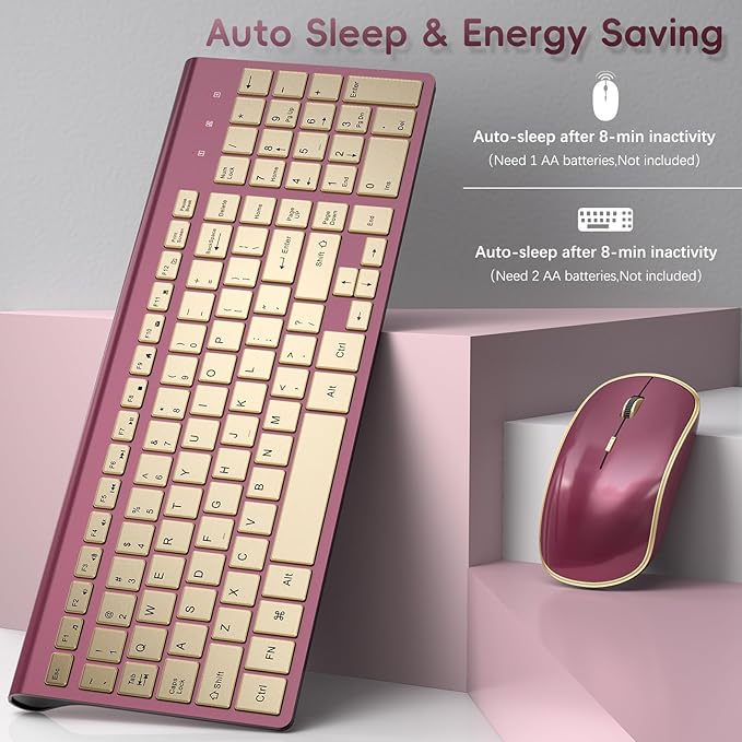 JOYACCESS Wireless Keyboard and Mouse, 2.4g Slim and Ergonomic Wireless Keyboard Mouse Combo- Full Size and Portable Design for Laptop/Windows/Computer-Wine Red Gold