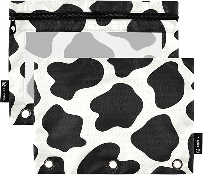 ALAZA Pencil Pouch for 3 Ring Binder, Cows Print Binder Pencil Pouches with Clear Window Zipper Pencil Case Cosmetic Bags for Office College Supplies, 2PCS