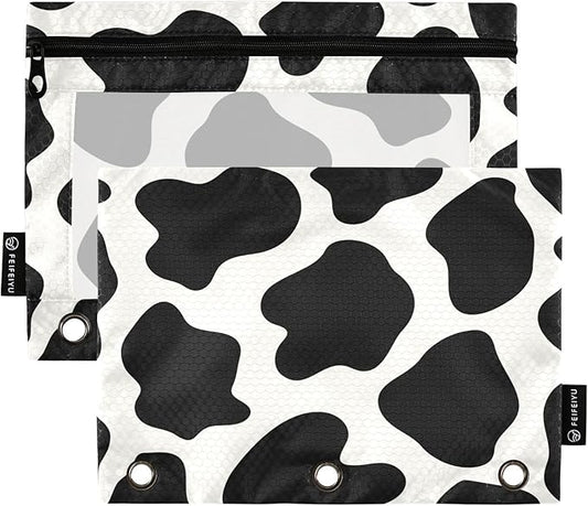 ALAZA Pencil Pouch for 3 Ring Binder, Cows Print Binder Pencil Pouches with Clear Window Zipper Pencil Case Cosmetic Bags for Office College Supplies, 2PCS