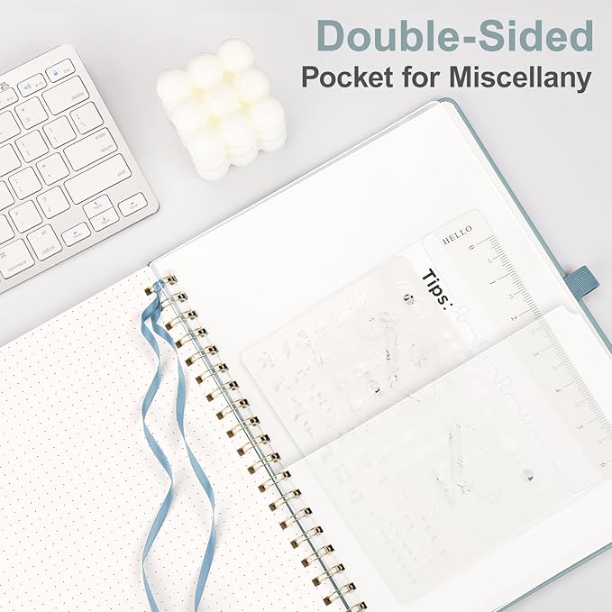 AHGXG Bullet Dotted Journal Spiral Notebook 8.5" x 11", Large A4 Leather Hardcover Dotted Notebook, 100 GSM Thick Dot Grid Paper, Inner Pocket, for Bullet Journaling, GrayBlue