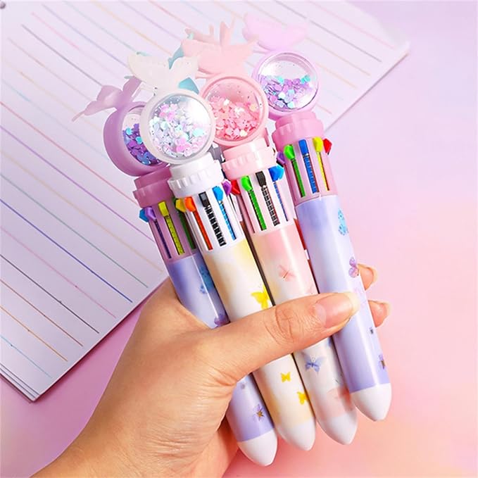 4pcs Set Multi-Color Shuttle Pens 10-In-1 Retractable Ballpoint Pen 0.5mm, Butterfly Design, Home Office School Supplies for Students Kids (4pcs Random Color)