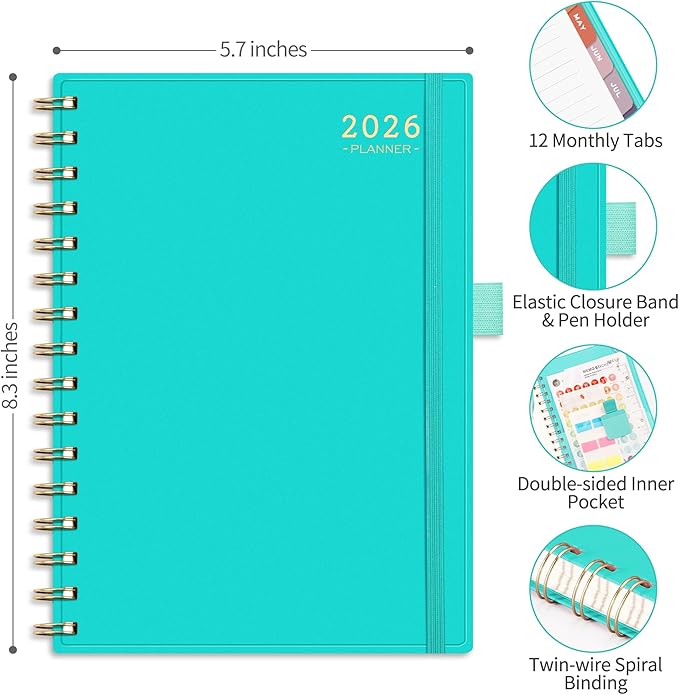 RETTACY 2026 Planner, Weekly and Monthly, Medium Size (5.7" x 8.3"), Jan - Dec 2026, Agenda, Calendar, 12 Month Tabs, Flexible Plastic Cover, 100 GSM Thick Paper, Spiral-bound (Tiffani Blue)
