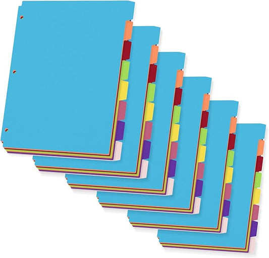 48PCS/6 Set Binder Dividers with Tabs, 8-Tab Dividers for 3 Ring Binder, 3-Hole Punched Letter Size Plastic 3 Ring Binder Dividers for School Office Home Document Organizer, Multicolor