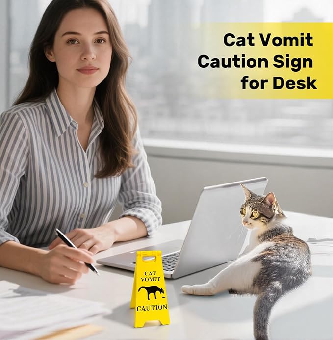Funny Mini Cat Vomit Caution Sign– Funny Office Desk Decor or Home, Cat Puke Warning Sign, Gag Gift for Cat Lovers, Cat Mom & Cat Dad Gifts, Cute Cubicle Accessory, Cat Lover Home Decor