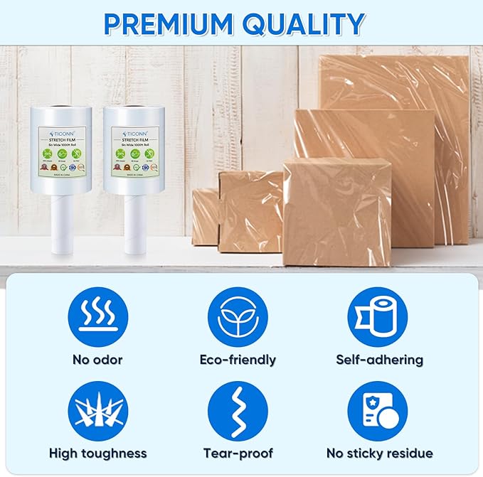 TICONN 7Pk Stretch Wrap Stretch Film Roll, 1000ft Industrial Strength 5 inch Wide Clear Plastic Wrap with Handles for Pallet Wrapping Shipping Moving