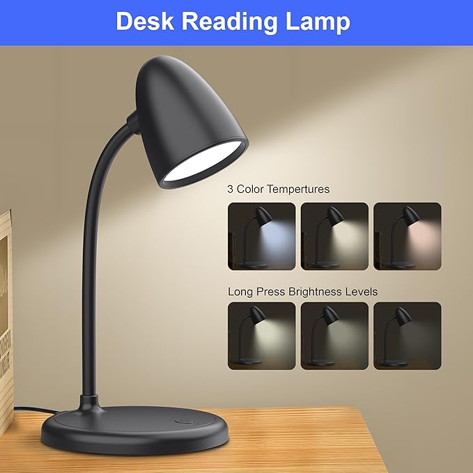 LED Desk Lamp for Home Office,3 Light Colors,Table Lamp,Dimmable Reading Light for Bedside Small Desk Lamp for College Dorm Room,Bedroom Desk Light