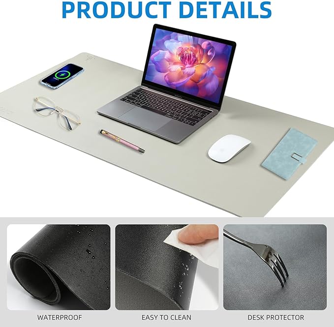 Wireless Charging Mouse Pad with for Desktop Charging Large Desk Mat 36"x17" Waterproof Gray Leather Computer Mat Mousepad Non-Slip Protector on Top of Desks for Keyboard and Mouse(Gray-R)