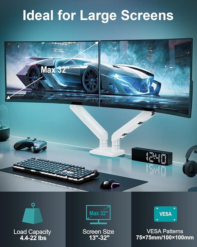 Dual Monitor Mount for 2 Monitors up to 32 inches, Height Adjustable Gas Spring Double Monitor Stand, Two Display Desk Mount Holder, Each Monitor Arm Holds Max 22lbs, VESA Mount, White, Freelift Pro