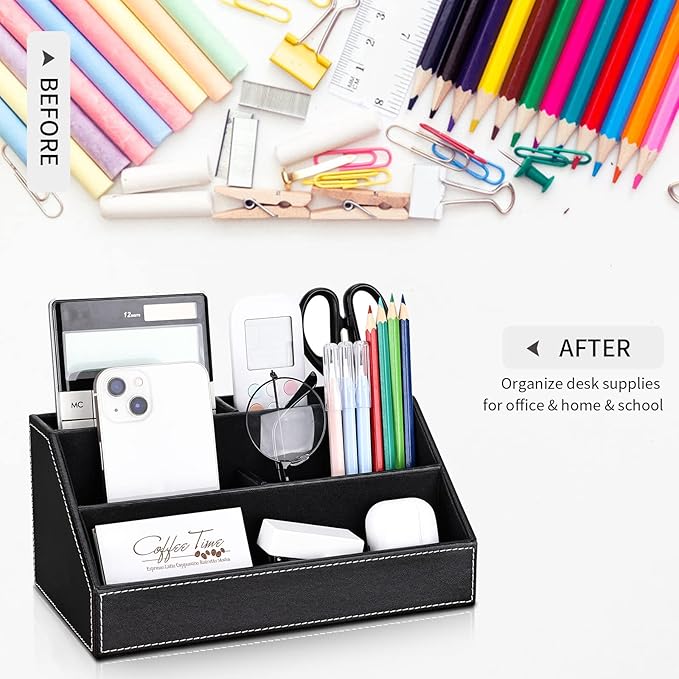 KINGFOM 5PCS Desk Organizer and Accessories Set, Pu Leather Office Supplies with Multifunction Desktop Organizer Storage Box, Tissue Holder, Mouse Pad, Note Paper Holder, Pencil Holder for Desk Black