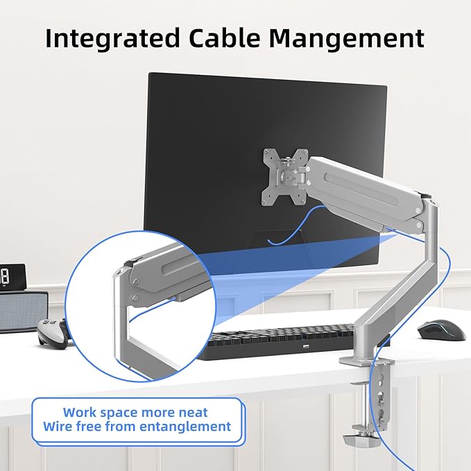 Suptek Single Monitor Mount Adjustable Gas Spring Monitor Arm Desk Mount Stand Fits 17 20 22 23 24 26 27 32 33 inch Monitors,Holds up to 22 lbs,Silver(MD18S)