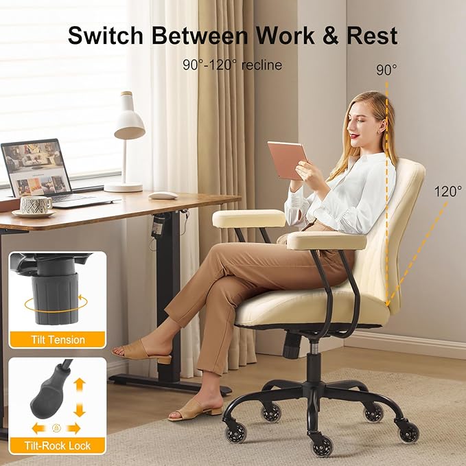 YFO Home Office Desk Chair Office Rubber Casters Ergonomic Computer Chair with Lumbar Support Adjustable Height Rolling Swivel Executive Task Armrests Chair， White Leather