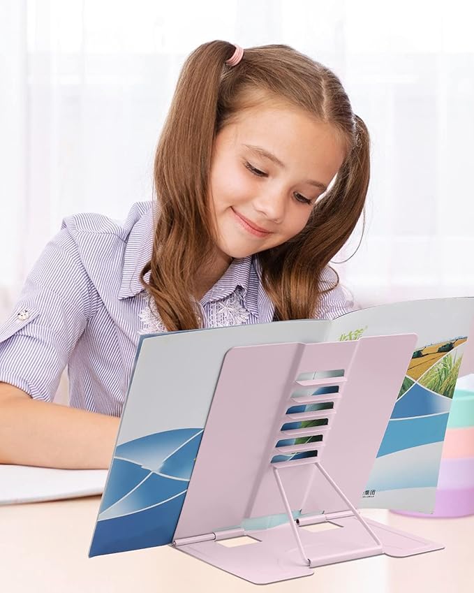 MSDADA Book Stand Metal Reading Rest Book Holder Adjustable Cookbook Documents Holder Portable Bookstands for Recipes Textbooks with Page Clips Birthday Gifts for Girls Mom Students(Macaron Pink)