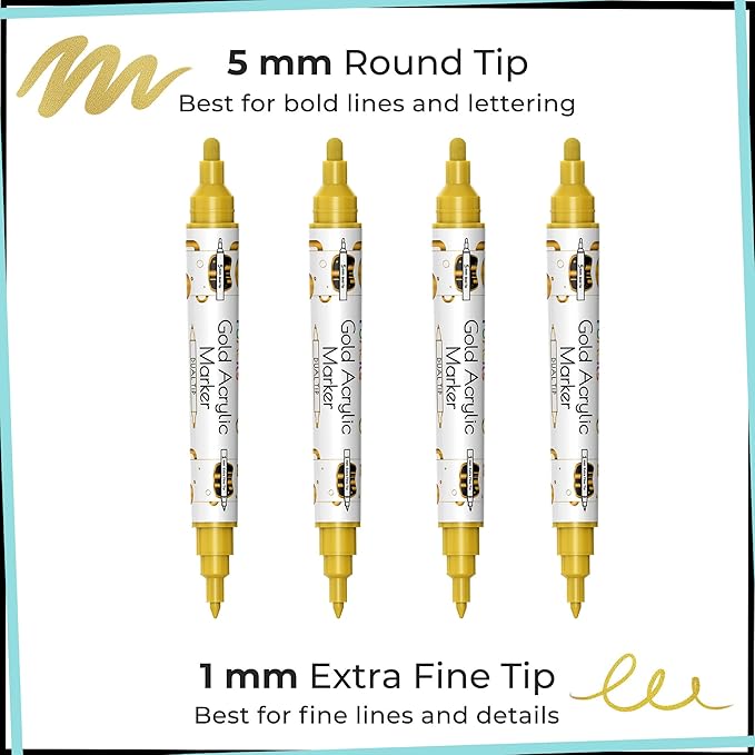 4 Dual Tip Gold Paint Pen Metallic - Fine Tip & Medium Acrylic Paint Markers - Gold Marker for Metal, Wood, Rock Painting, Canvas, Ceramic, Glass, Fabric, Leaf and Plastic - Water-based Ink