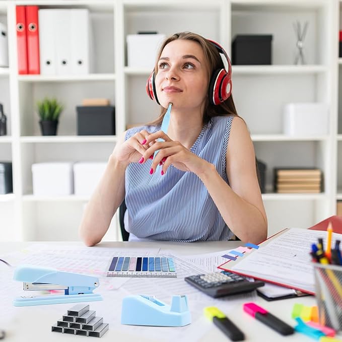 OfficeMate Stapler & Tape Dispenser Set - Blue Desk Accessory Kit, Gift for Students, Women, Coworkers, Boss Lady, Office Clerks
