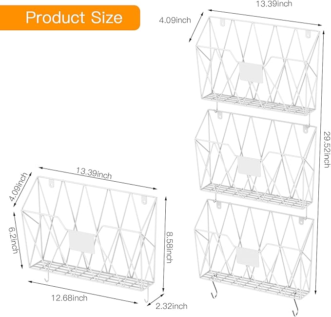 YBING Wall File Organizer White 6 Pack Mesh Hanging File Holder Organizer Metal Wire Mail Organizer Wall Mounted Office Papers Holder Hanging File Folders With Hooks