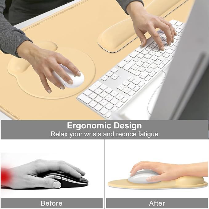 Dapesuom Large Gaming Mouse Pad, Mouse Pads with Wrist Rest Wrist Support, 4in1 XXL Desk Mat Desk Pad + Ergonomic MousePad + Memory Foam Keyboard Mat Wrist Rest + Coaster Set for Computer,Navajo White