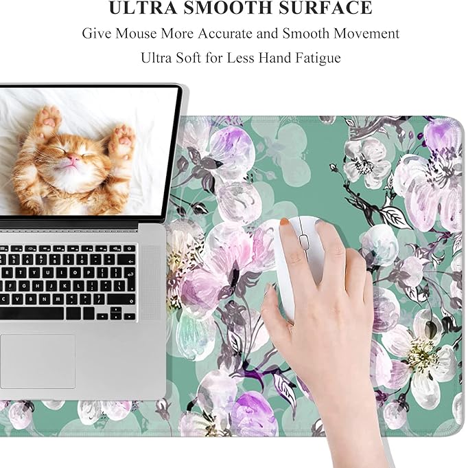 Desk Mat, 32" x 12" XXL Extended Large Gaming Mouse Pad, Desktop Decor Desk Pad, Cute Men Women Office Supplies and Accessories, XL Mouse Mat for Laptop & Keyboard, Green Pink Peach Blossom