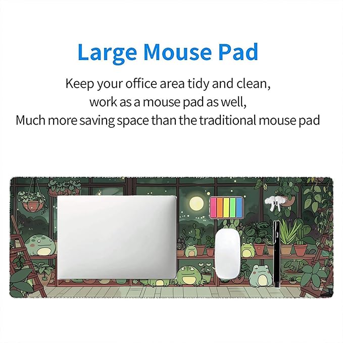 Cute Frog Desk Mat Gaming Mouse Pad Cartoon Kawaii Green Potted Mousepad XL Large Gaming Mouse Pad Laptop Keyboard Mat Desk Pad Office Home Decor for Women Girl 31.5"x11.8"