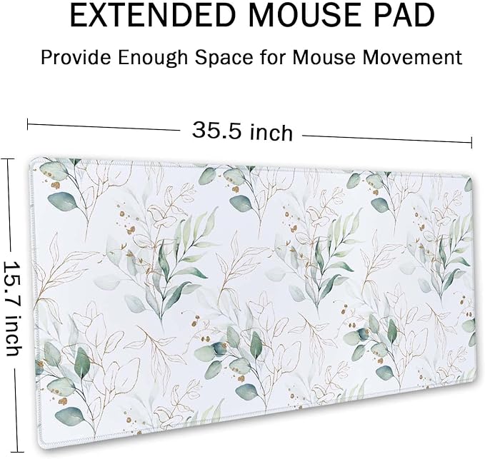 SSOIU Large Mouse Pad, Cute Floral Desk Mat for Desktop, Women Girls Waterproof Gaming Mousepad, Eucalyptus Leaves Computer PC Laptop Protector Writing Pads for School Office Home 35.5" x 15.7"