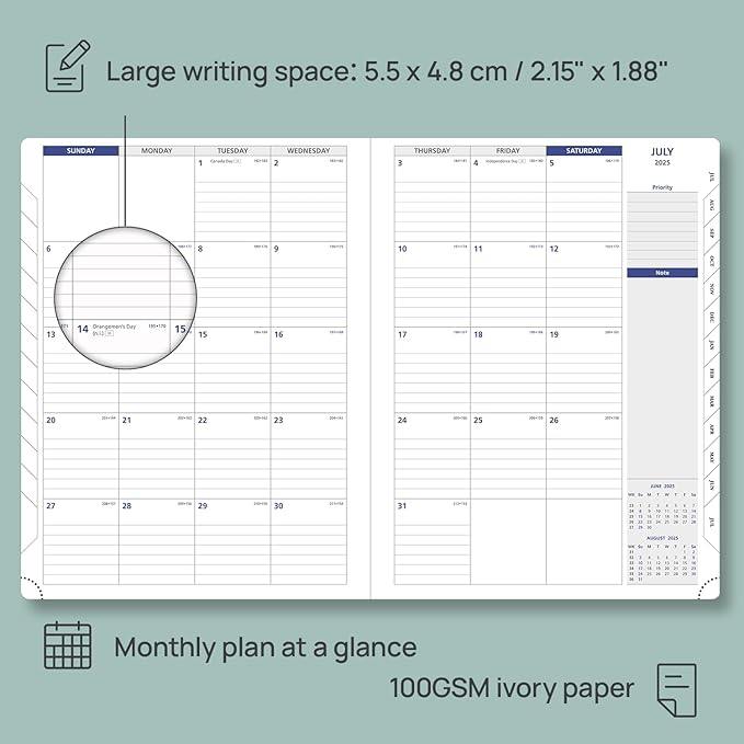 POPRUN Monthly Planner 2025-2026, 8.5'' x 11.25'', 13-Monthly Calendar (July 2025-July 2026) 15-Minute Hourly Appointment Book with Stair Tabs, Soft Cover, 100GSM Paper - Pacific Green