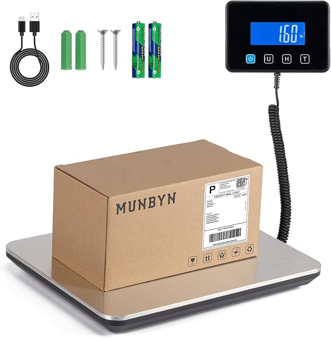 MUNBYN Shipping Scale, 440lb/1.8oz Digital Postal Scale for Packages with Hold/Tare Function, Backlit LCD, Battery & Cable Included, Postage Scale for Small Business, Packages, Luggage, and Home Use
