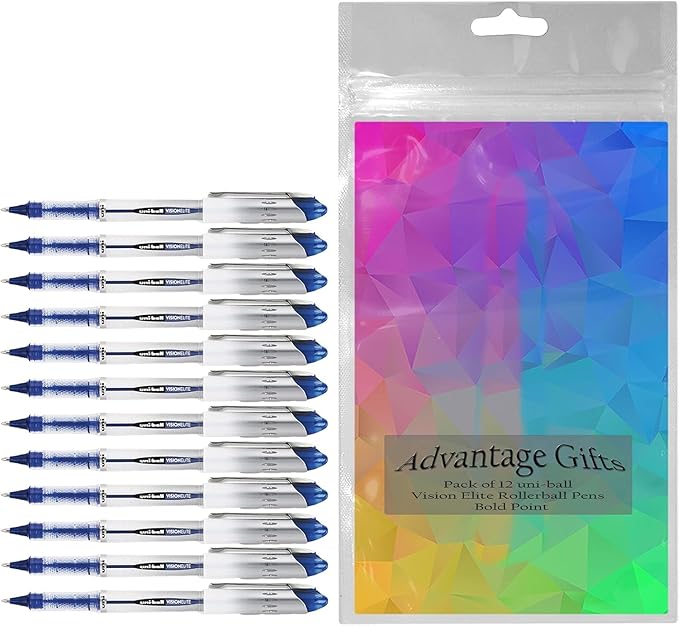 Vision Elite Rollerball Pens, Bold Point (0.8mm), Blue Ink, 12 count, Bundle with Plastic Reusable Pouch
