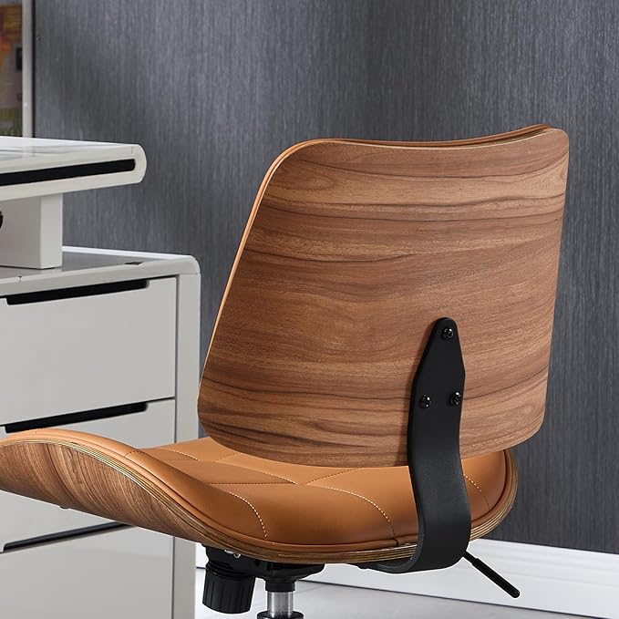 Home Office Desk Chair with Wheels, Adjustable Height Armless Office Chair, PU Leather Mid Back 360° Small Computer Chair, Modern Walnut Chair No Arms for Office, Reading Meeting Room(Brown)