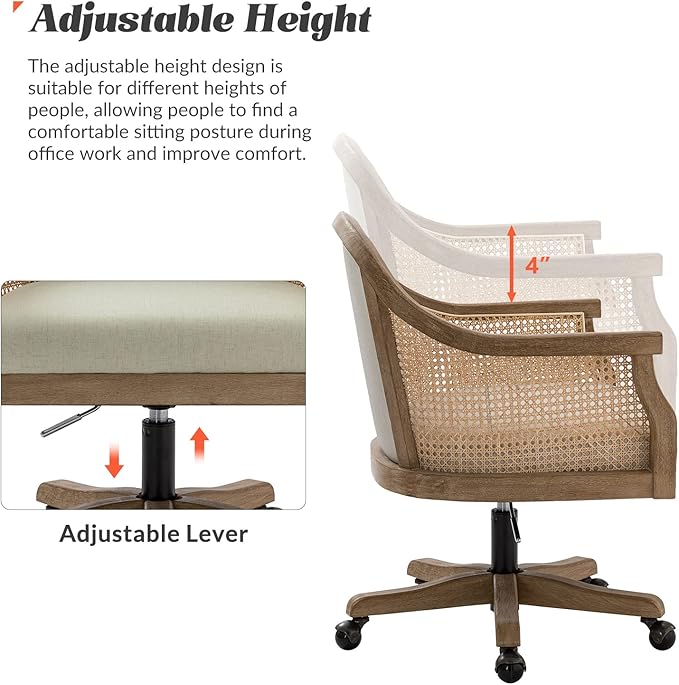 HULALA HOME Rattan Desk Chair, Upholstered Home Office Chair, Vintage Office Chair with Armrest, Adjustable Swivel Rolling Height Task Chair for Living Room Bedroom Study Room, Linen
