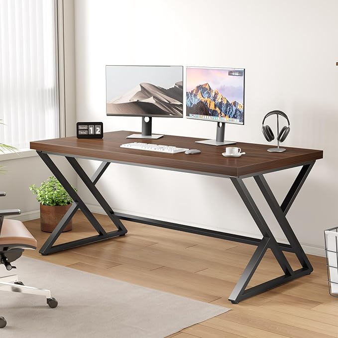 LVB Wood Computer Desk, Rustic Executive Home Office Desk for Bedroom, Industrial Metal Wooden Computer Table for Study Writing Work, Modern PC Student Simple Gaming Desk with Storage, 55 Inch, Walnut