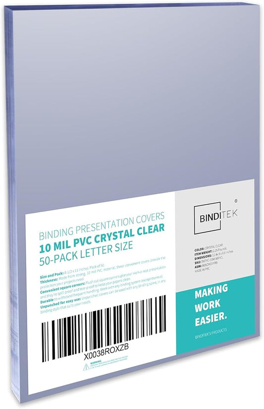 Binditek 50 Pack 10 Mil PVC Binding Presentation Covers, 8.5 x 11 Inches, Letter Size, Square Corners, Un-Punched, Office Supplies