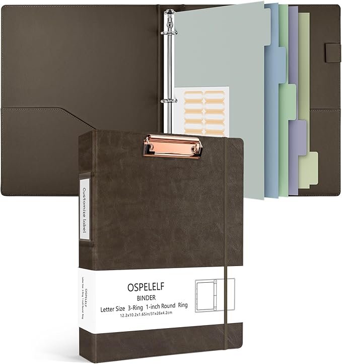 Ospelelf 1 Inch 3 Ring Binder Vintage Hardcover, Leather Clipboard Organizer for Letter Size, Professional Binder with Dividers and Tabs, Brown