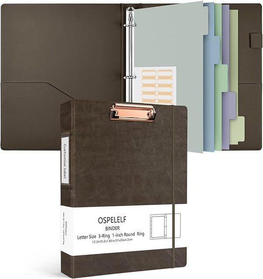 Ospelelf 1 Inch 3 Ring Binder Vintage Hardcover, Leather Clipboard Organizer for Letter Size, Professional Binder with Dividers and Tabs, Brown