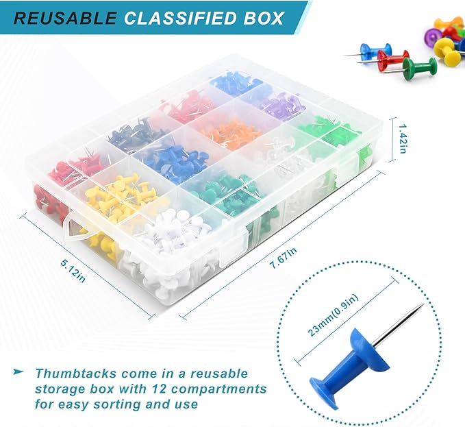600 Pack Thumb Tacks, Colored Map Push Pins Multicolored Push Pins Assorted 12 Colors, Decorative with Steel Point for Bulletin Board, Fabric Marking, Crafts and Organization at Home Office Schoo