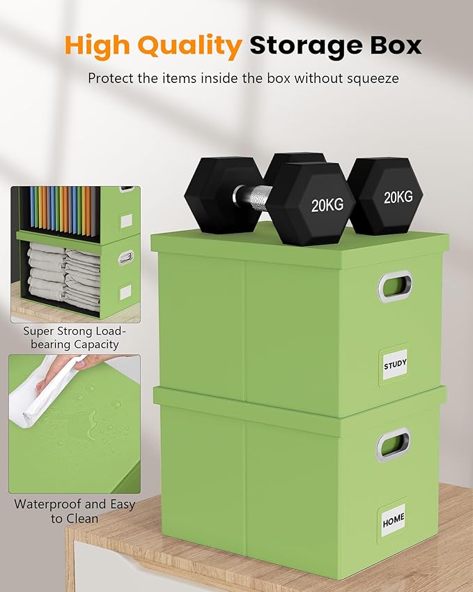 2 Pack File Storage Organizer, Portable File Box with Lid, Fit for Letter/Legal File Folder Storage, Fruit-green(Leather) Box