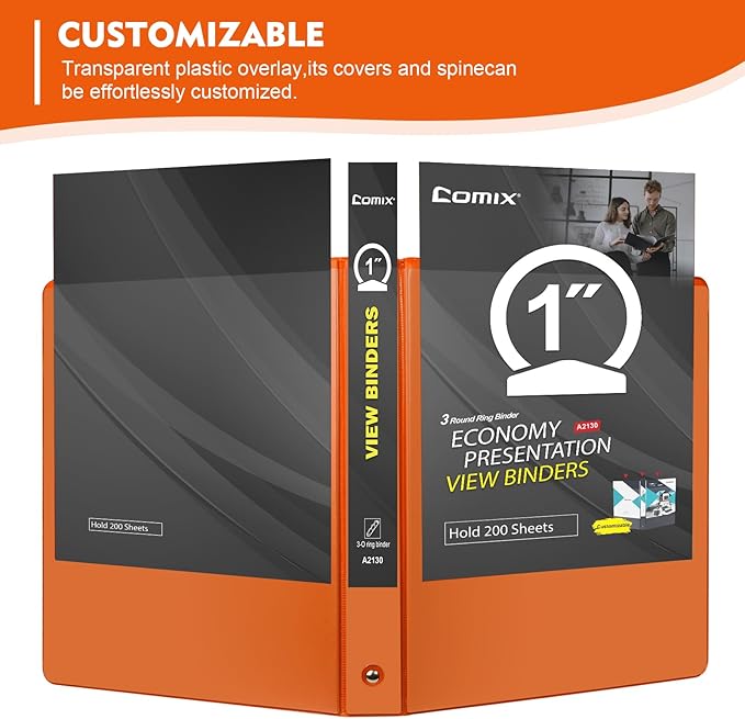 COMIX 3 Ring Binder 1 inch with Clear View Cover, 1" View Binder Holds 200 Sheets of US Letter Size Paper, 6 Pack (Orange)