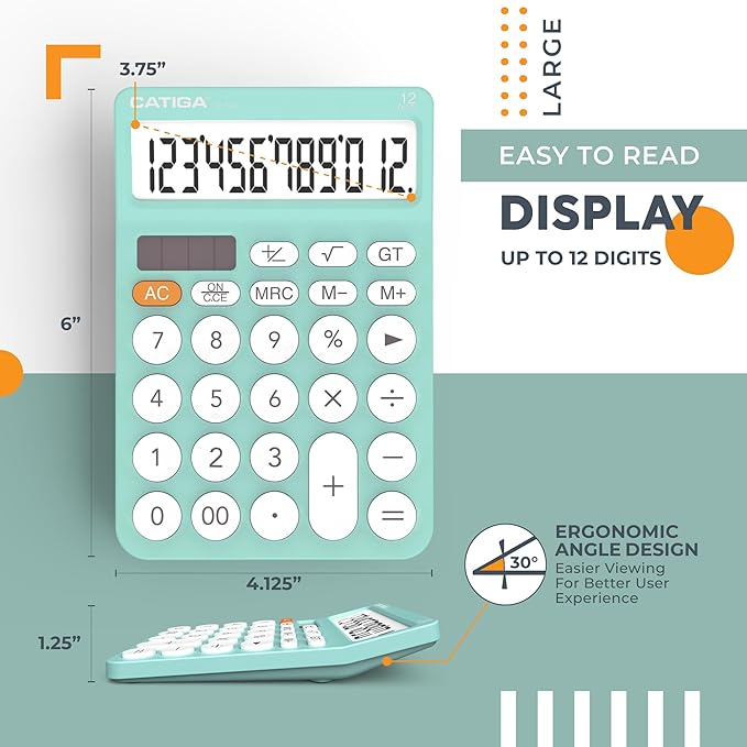 CATIGA 12 Digit Desktop Calculator Basic Desk Calculator with Large LCD Display, Big Buttons, 4 Function, Solar and Battery Dual Power, for Office, School, Home, SD-1292 Fresh Blue
