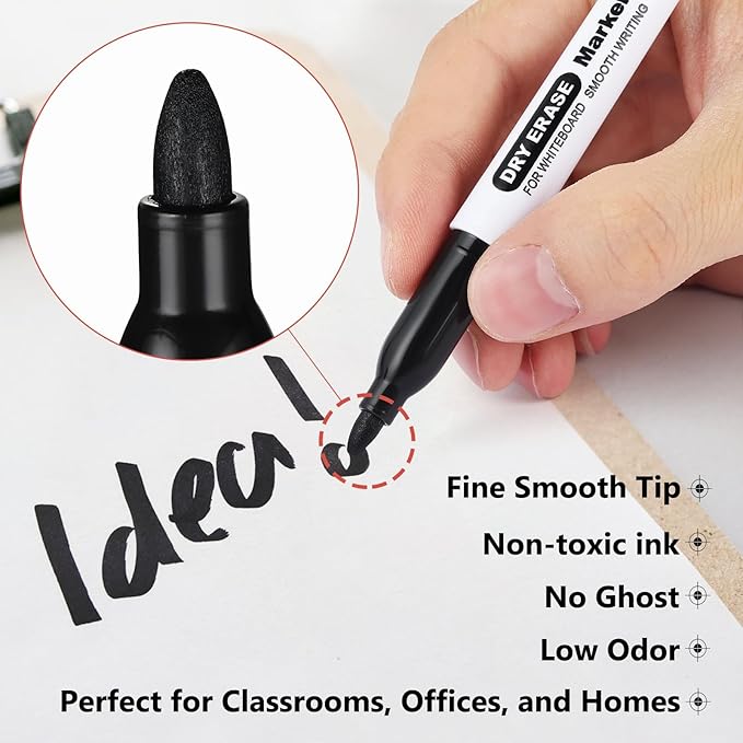 SFAIH Fine Tip Dry Erase Markers - 144 Pack Black Whiteboard Erasable Markers Bulk for Kids Adults, Ideal for Classroom School Office Home Use on White Board, Non-Toxic Easy Clean