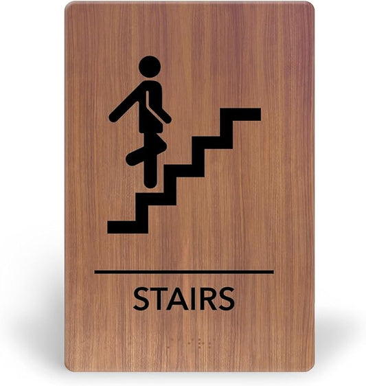 Promot Stair Sign – ADA Braille Stairway Sign for Business, Self-Adhesive, 9" x 6", Commercial Door Signage, Office Wall Decor - Chestnut
