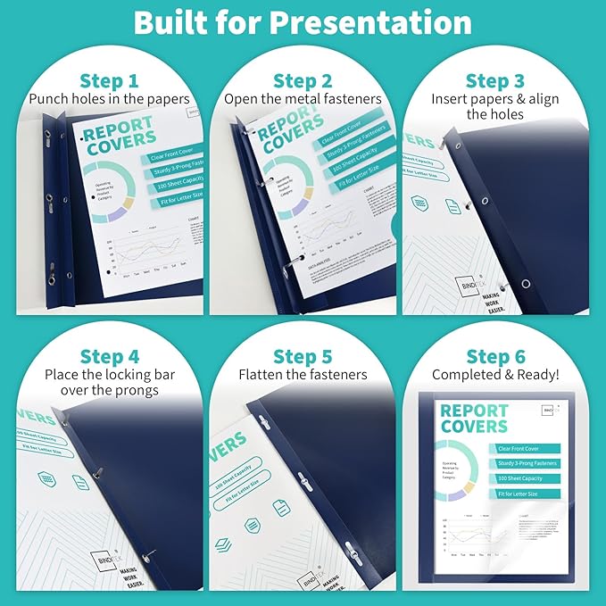 Binditek 10 Pack Heavy-Duty Clear Front Report Covers with 3 Prongs, 100-Sheet Capacity, Plastic Report Folder with Navy Back Covers, 3 Metal Prongs Fasteners, for Letter Size, Office Supplies