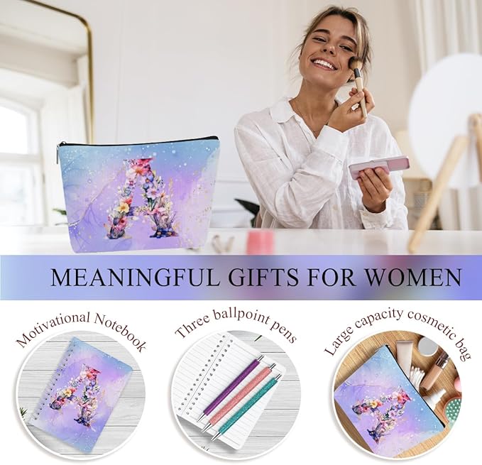 Personalized Gifts Monogrammed Birthday Gifts for Women, Bridesmaid Bachelorette Party Wedding Christmas Initial 20 oz Tumbler, Makeup Bag Pens Journal Notebook 6 Set, (Aesthetic Purple Flower A)