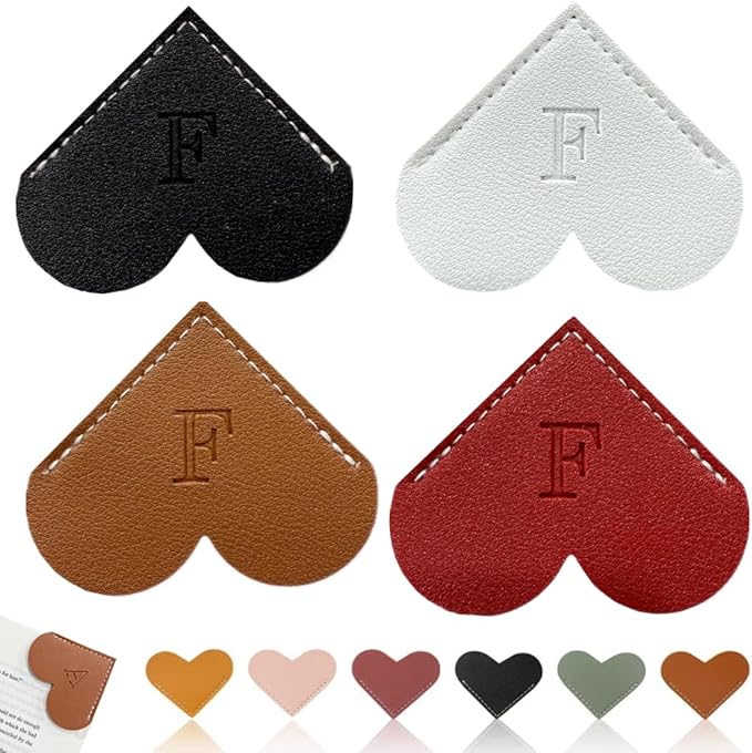 Personalized Leather Heart Bookmark, 26 Letters Customized Corner Book Mark for Reading, Book Holder Markers with Initials Page Book Accessories Cute Gifts (Black+White+Dark Brown+red,F)