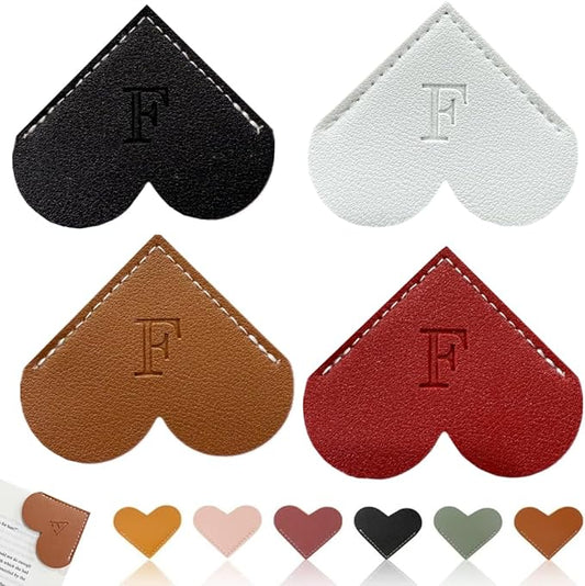 Personalized Leather Heart Bookmark, 26 Letters Customized Corner Book Mark for Reading, Book Holder Markers with Initials Page Book Accessories Cute Gifts (Black+White+Dark Brown+red,F)