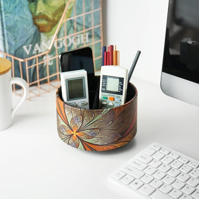 lizimandu Round Leather Art Supply Organizer,Remote Control Holder,360 Degree Rotating,Multi-Functional Pencil Holder,4 Compartments Desktop Stationary Organizer(1-Orange Flower)