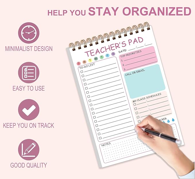 Teacher Notepad - Teacher To Do List Notepad, Spiral Checklist Notebook Organizer for Teachers Notes Task Appointment, Teacher Appreciation Gifts, 5.8'' x 8.3'', Pink
