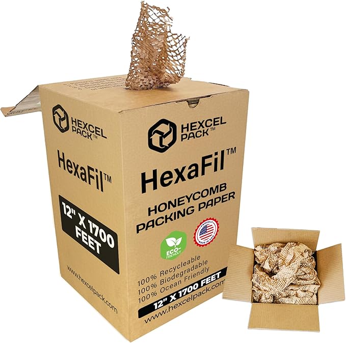 HexcelPack HexaFil Honeycomb Packing Paper - Eco-Friendly, Sustainable Filler for Shipping and Moving, Cushioned Packing Material in Dispenser Box, Alternative to Bubble Wrap - Natural, 12" x 1700'