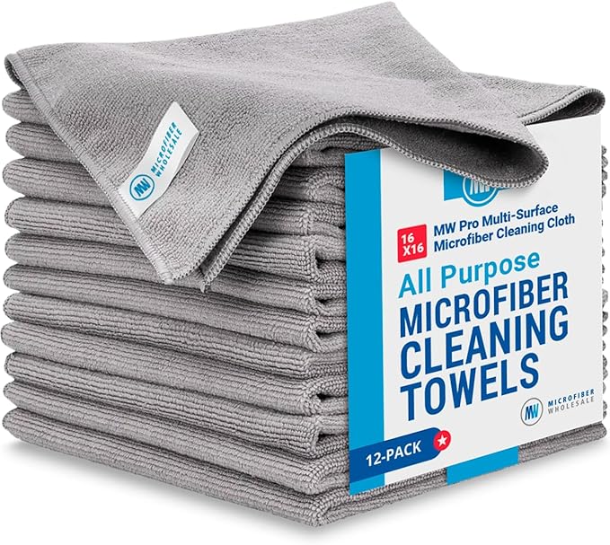MW Pro Microfiber Cleaning Cloths (12 Pack) | Size 16" x 16"| All Purpose Microfiber Towels - Clean, Dust, Polish, Scrub, Absorbent (Gray)