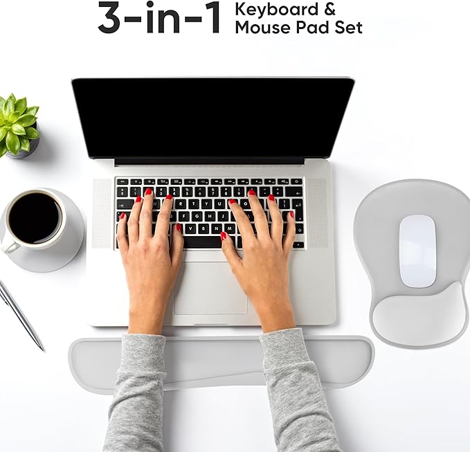 Wrist Rest Support for Mouse Pad Keyboard Set Circle Coaster Gaming Mouse Pad Ergonomic Gel Memory Foam Set for Computer, Laptop, Office, Pain Relief, Comfortably Typing Grey KM-31