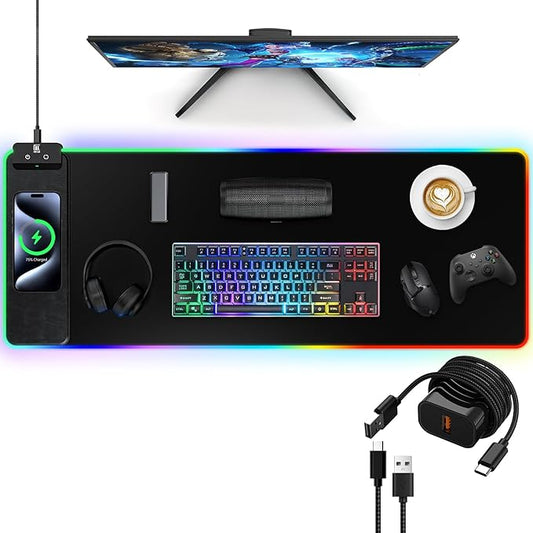 RGB Gaming Mouse Pad with Fast Wireless Charger, LED Extended Desk Mat, Home Office Large Desk Pad with Ultra-Smooth Surface, Non-Slip Base, Waterproof Keyboard Pad (Black)